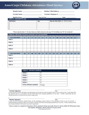 AmeriCorps Childcare Attendance Sheet Invoice - Blank Fillable Template ...