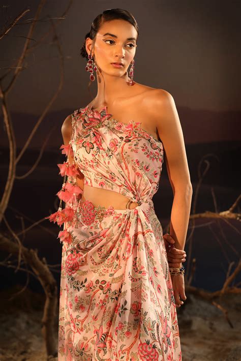 Buy Women's Powder Pink Asymmetrical Saree | Aditi Gupta
