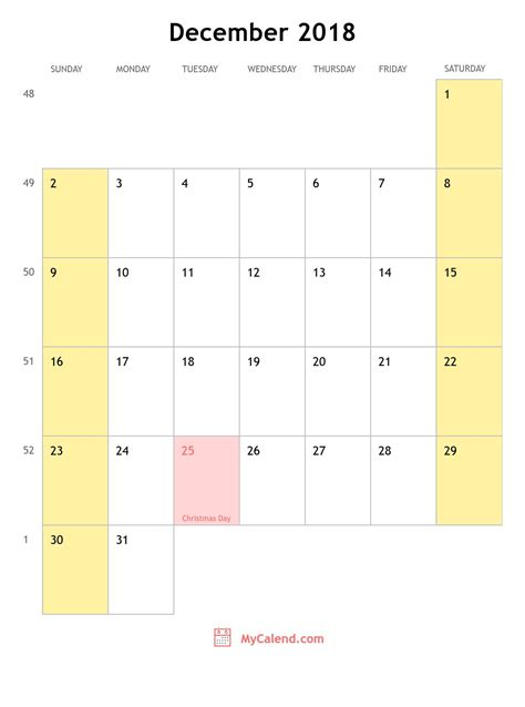 December 2018 calendar with holidays - monthly printable calendar