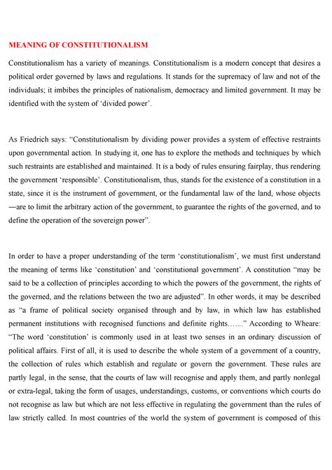 Constitutionalism - MEANING OF CONSTITUTIONALISM Constitutionalism has ...