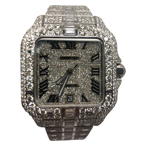 Cartier Santos Two Tone Custom Roman Numeral Iced Out Wrist Watch For ...