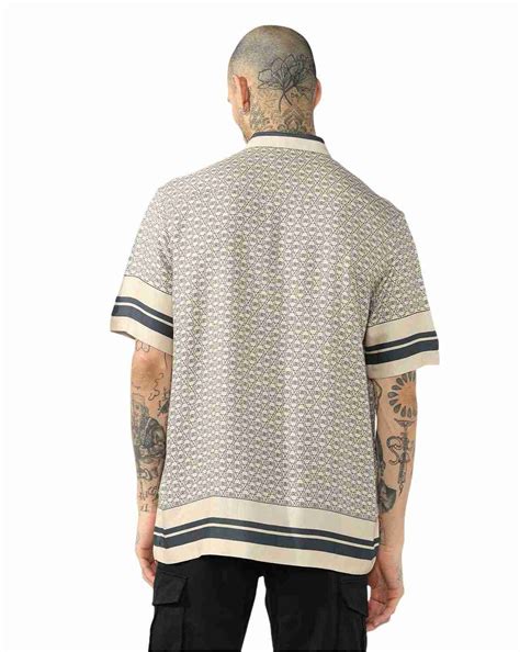 Stylised Printed Boxy Fit Short Sleeve Viscose Shirt
