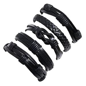 Buy Peora Black Leather Bracelet Set of 5 Handcrafted Stylish Design ...