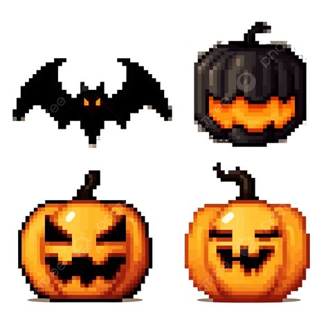 Set For Halloween In Style Pixel Art A Pumpkin A Bat And An Inscription, Pumpkin Face, Geometric ...