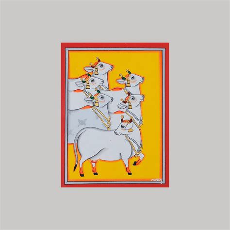 Handpainted Pichwai Painting | Six Cows Yellow Background – Sumaavi