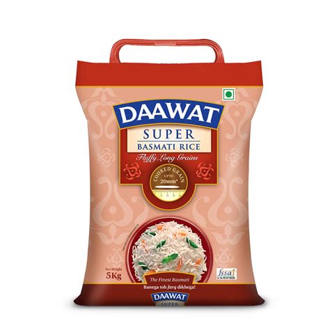 Daawat Super Basmati Rice 5Kg| Fluffy Long Grains| Cooked upto 20mm ...