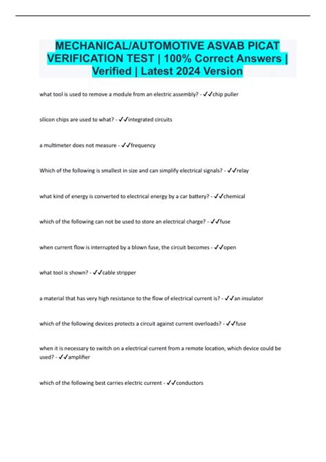 MECHANICAL/AUTOMOTIVE ASVAB PICAT VERIFICATION TEST | 100% Correct ...