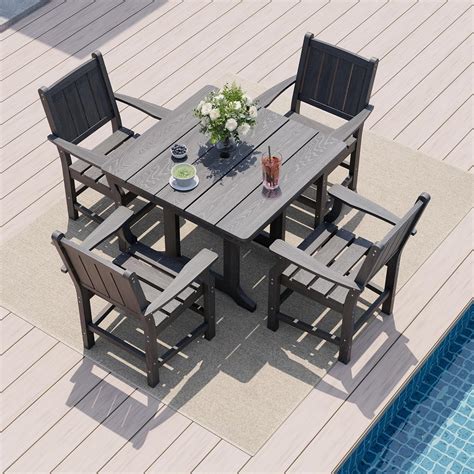 PAMAPIC Wood Grain 5-Piece Outdoor Dining Set, Polywood Outdoor ...