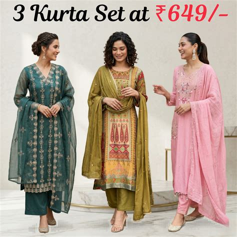 Women's Pack of 3 Pure Cotton Kurtas Pant Set & Dupatta |C-028 ...
