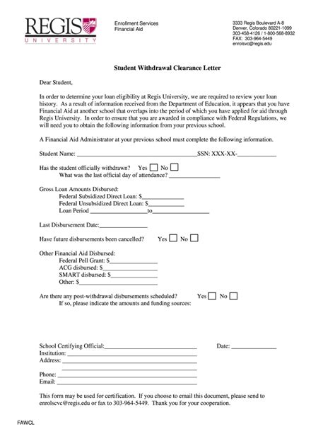 Regis University Student Withdrawal Clearance Letter Form - Fill Online ...