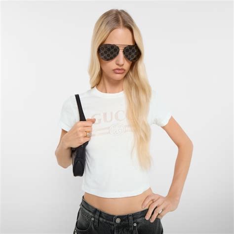 Cotton jersey T-shirt with devoré detail in white | GUCCI® US