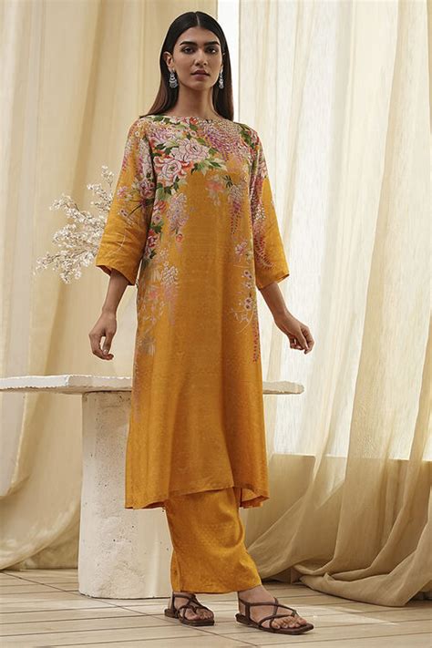 Mustard Yellow Floral Straight Kurta Set at Biba India