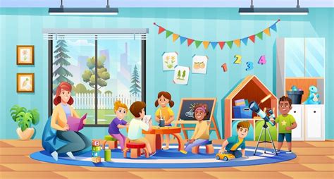 Children playing together in kindergarten classroom vector illustration ...