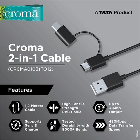 Buy Croma Type A to Type C, Micro USB 3.9 Feet (1.2M) 2-in-1 Cable ...