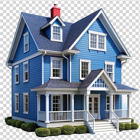 A blue house with a white porch and green bushes in front of it on ...