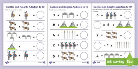 * NEW * Castles and Knights Addition to 10 Differentiated Worksheets