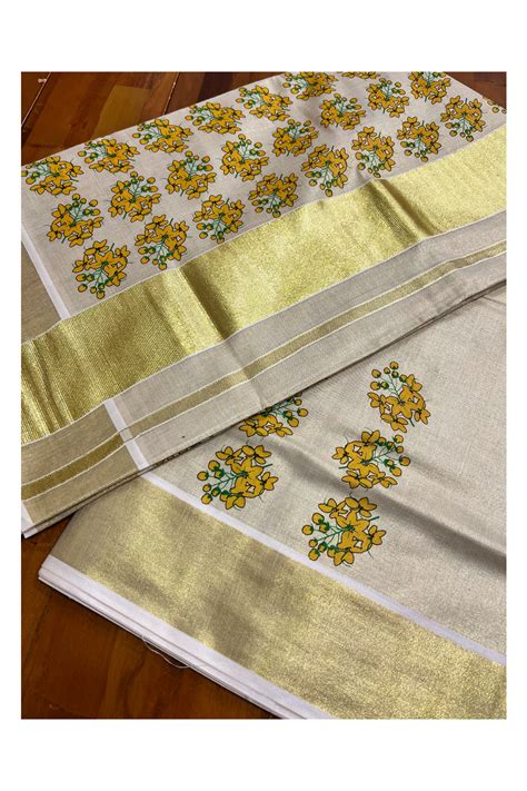 Kerala Tissue Kasavu Saree with Floral Prints on Body and Kasavu Borde ...