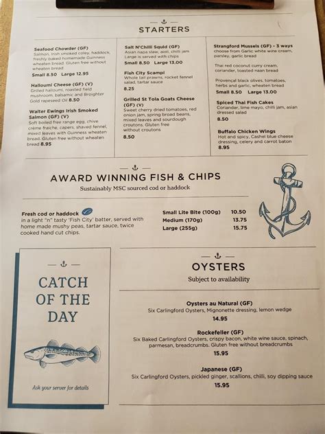 Menu at Fish City restaurant, Belfast