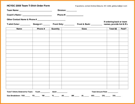 T Shirt Order Form Template Excel