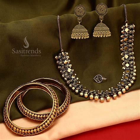 Antique Gold Short Necklace with Earring and Nose pin and Bangles ...