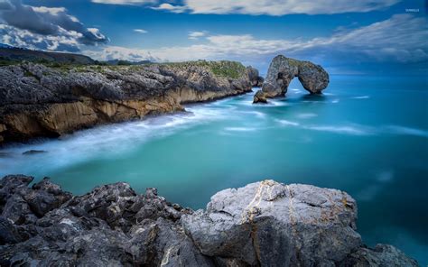 Mossy rock natural arch in the ocean wallpaper - Beach wallpapers - #48297