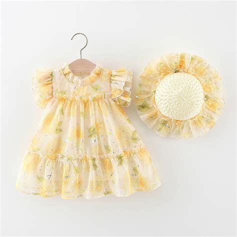 Baby Yellow Dress Baby Girl Rose Flower Printed Chiffon Princess Dress ...