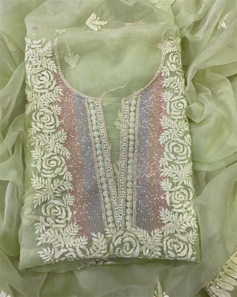 Pure Organza Chikankari Hand Work Unstitched Suit with Pearl Work – fab ...