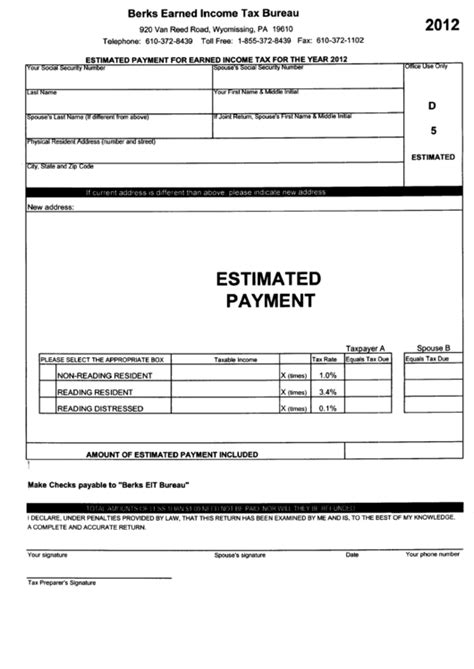 Estimated Payment For Erned Income Tax - Berks Earned Income Tax Bureau ...