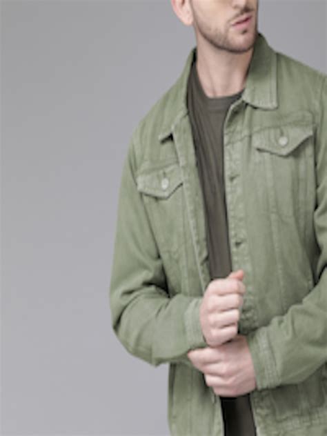 Buy Roadster Men Olive Green Solid Denim Jacket - Jackets for Men ...