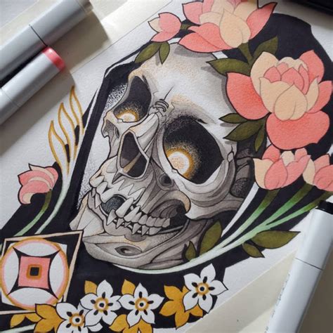Neo Traditional Skull Tattoo Flash