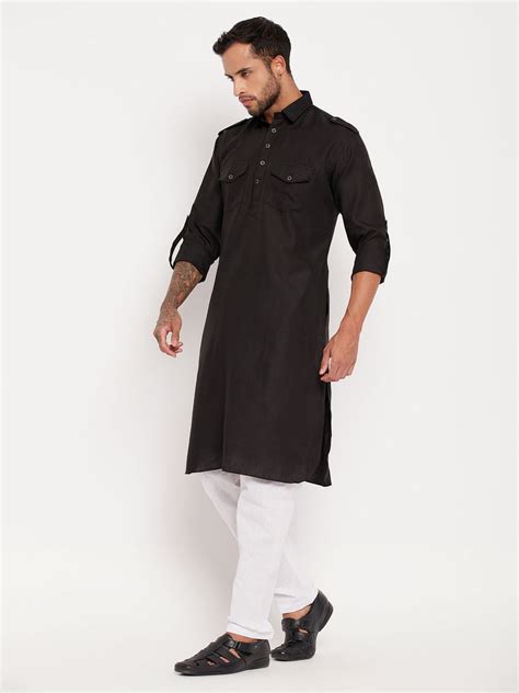 VASTRAMAY Men's Black And White Cotton Blend Pathani Suit Set – vastramay