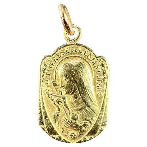 French St Therese 18K Yellow Gold Religious Medal Pendant For Sale at ...
