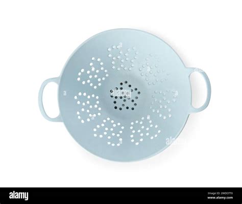 New plastic colander isolated on white, top view. Cooking utensils ...