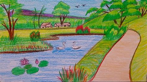 How To Draw A Beautiful Natural Scenery Step By Step Drawing | Beautiful nature pictures ...