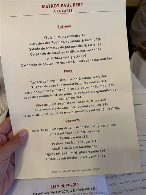 Menu at Bistrot Paul Bert restaurant, Paris