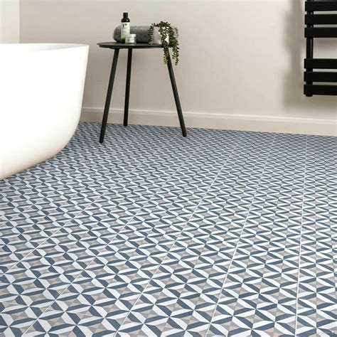 Blue Vinyl Flooring Sheet in Geometric Tile Design for Kitchens and ...
