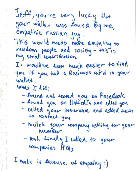 Lost my wallet last weekend. Guy who found it left me this note after ...