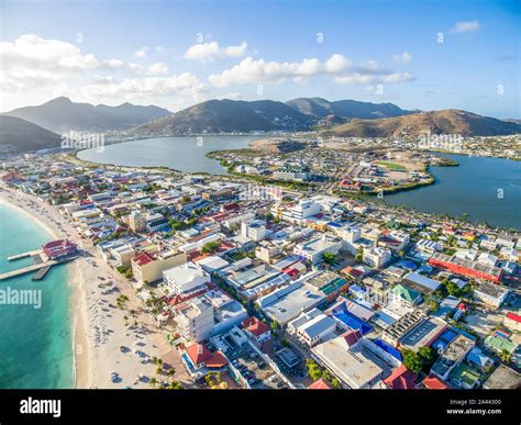 High Aerial view of the capital of St.Maarten, Philipsburg. Dutch Side of Sint Maarten Stock ...
