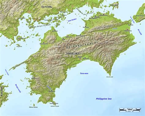 Blue Green Atlas - Free relief map of Japan - Shikoku
