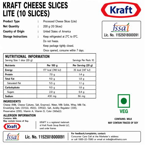 Kraft Cheese Slices Lite (10 Slices) | Nosh Gourmet Foods