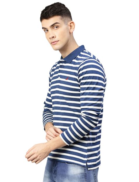 Men's Polo Collar Full Sleeves Yarn Dyed Striped Cotton T-Shirt - Navy ...