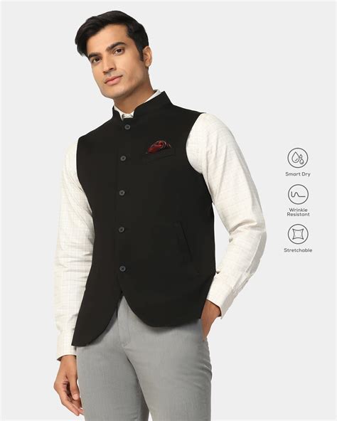 TechPro Bandhgala Formal Black Solid Waistcoat - Travalo