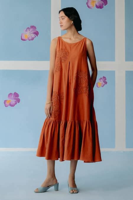 Buy Orange Organic Cotton Embellished Patchwork Round Maude Floral Lace ...