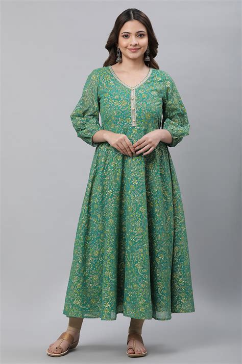 Buy Green Floral Foil Printed Flared Kurta Online for Woman | Shop for ...