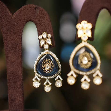 Kimaya Designer Polki Earrings - Dark Blue
