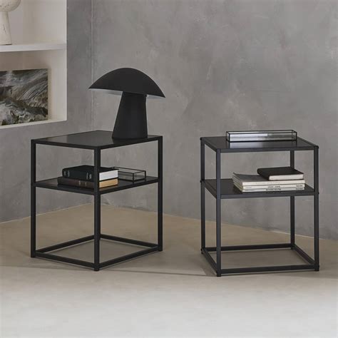 Pair of 2 black metal bedside table with shelf, Black