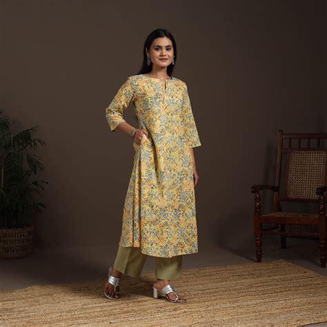 yellow Yellow Block Print Cotton A-Line Sanganeri Kurta