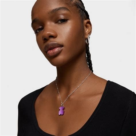 Pack gargantilla de plata y colgante oso de acero en color lila 22 mm ...