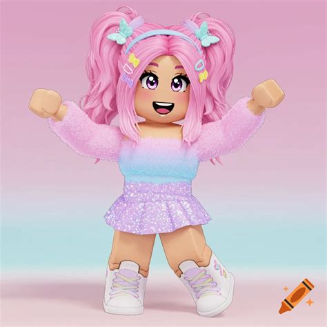 A cute Roblox avatar with pink hair, a fuzzy pink and blue top, and a ...