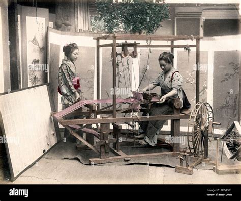 19th century vintage photograph: Young women weaving silk, Japan Stock ...